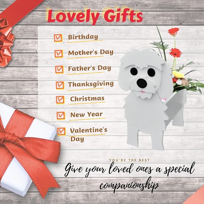 Maltese Dog Planter Plant Pots,Cute Dog Flower Planter,Gifts for Pet Lovers,Unique Animal Plant Pots,Office,Indoor Outdoor Garden Decor（9.45 * 7.36 * 13.39in）