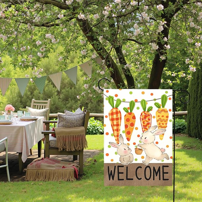 Easter Garden Flag 12 x18 Inch Double Sided Welcome Bunny Carrot Spring Yard Flag Outdoor Farmhouse Porch Decor Cute Rabbit Pattern Seasonal Easter Banners for Garden Lawn Patio Yard Home