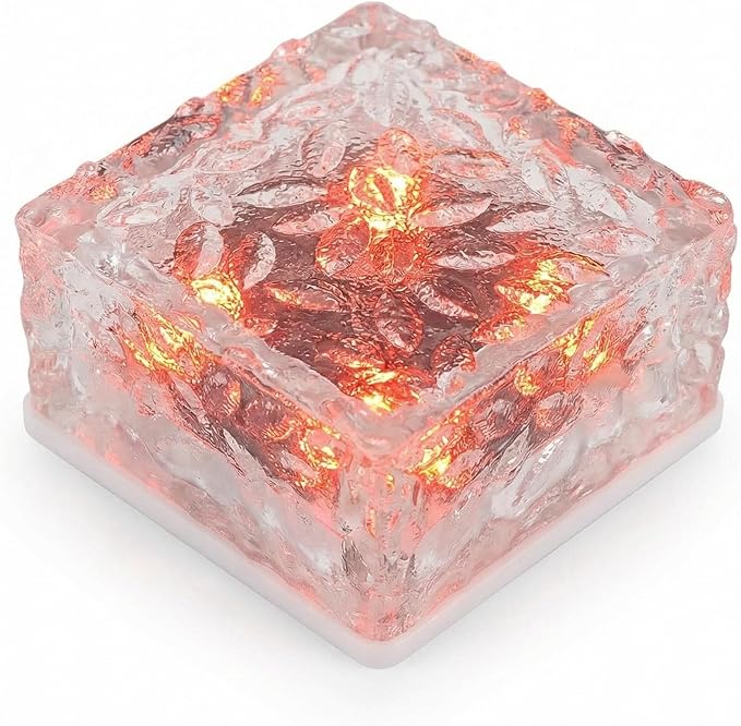 Solar Powered LED Acrylic Brick Lights, Multicolor Water Ripple Design, Waterproof In-Ground Landscape Path Lights for Outdoor Garden Patio Walkway (Red)