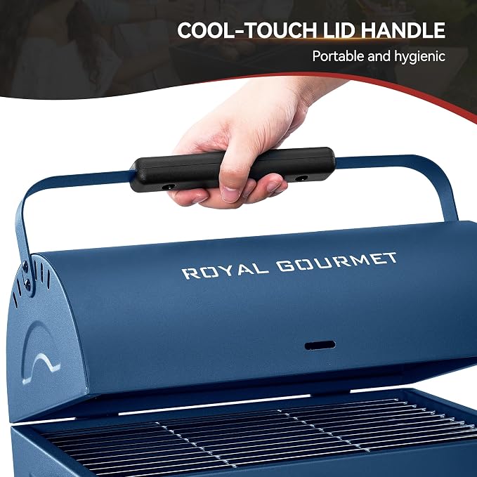 Royal Gourmet CC1015B Portable Charcoal Grill, 147 Sq. In. Cooking Area, with Four Air Vents, Lid Latch Buckle, Lid Handle, for Outdoor Backyard, Patio Parties and Picnics, Blue