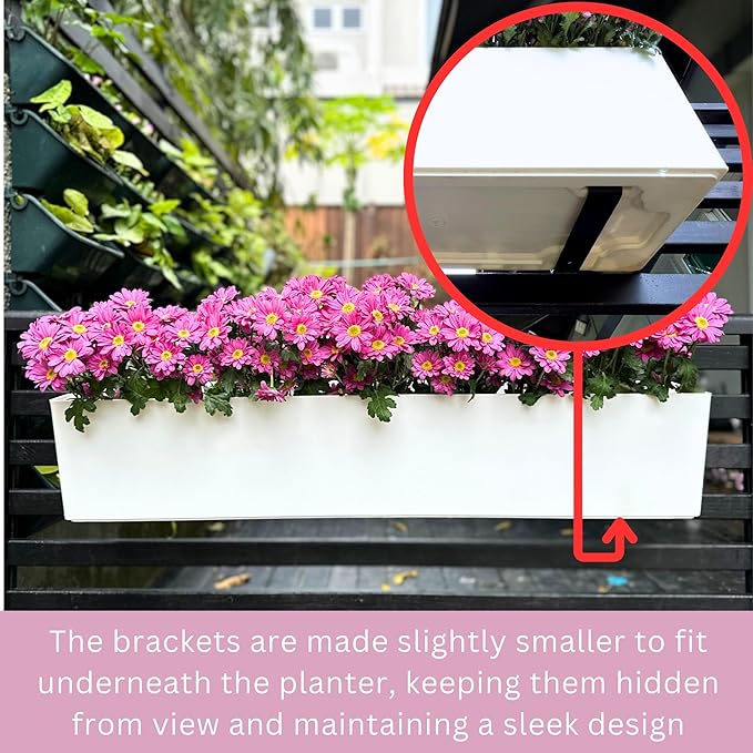 LaLaGreen Hanging Planter Boxes (2 Pack, 40") Extra Large White Rectangular Window Flower Box with Bracket Self Watering System Railing Planters for Outdoor Plant Pot Container Deck Rail Fence Balcony