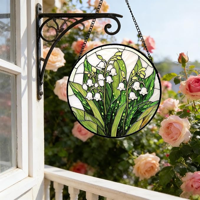 DASTOLL Stained Glass Window Hanging, Lily of the Valley Flower Sun Catchers Colorful Glass Panel Green Plants Suncatcher Decor for Birthday for Women,Men,Wife, Lovers, and Mom 11.8 in