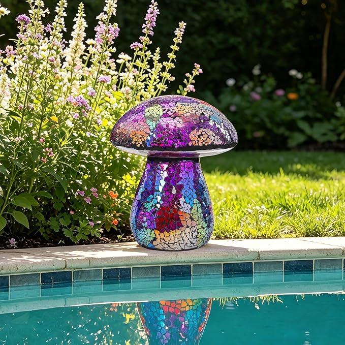 Bshine Mushroom Garden Statue Decoration, Colorful Mosaic Mushroom Sculptures Home Decor, Outdoor Waterproof Handmade Glass for Yard, Path, Lawn Ornaments or Gifts for Mom (Purple)