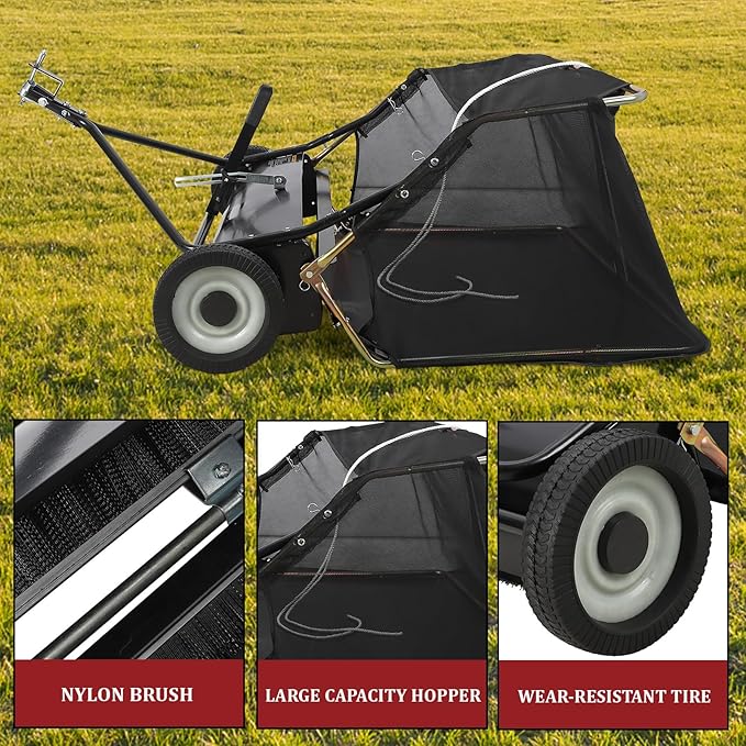 42" Large Capacity Pull Behind Lawn Sweeper with Adjustable Sweeping Height - Leaf & Grass Collector with Dumping Rope Design for Picking Up Grass and Debris