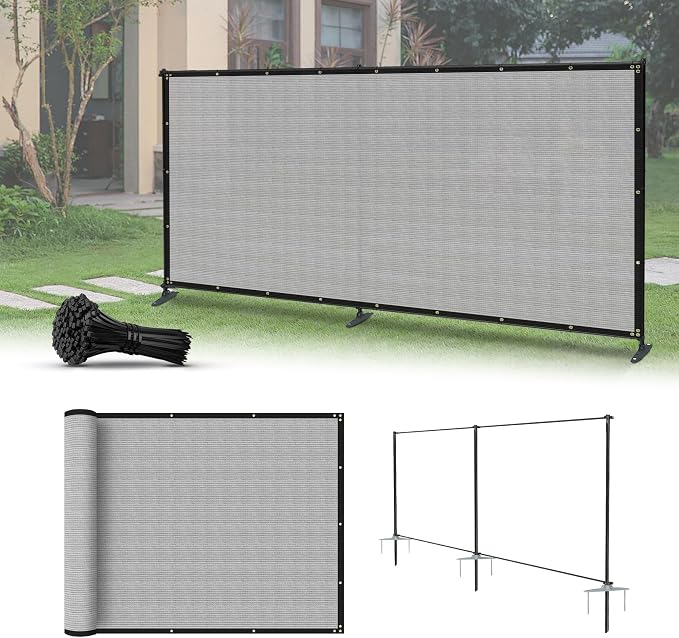 5'x11' Privacy Fence Kit Freestanding Mesh Screen with Iron Poles Temporary Fencing Outdoor Patio Backyard Divider Dog Air Conditioner Trash Fence Light Gray