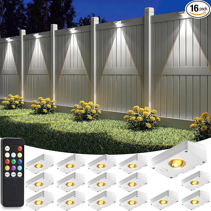 VOLISUN Solar Fence Lights with Remote Control, Fence Lights Solar Powered, IP65 Waterproof LED, RGB Color Changing Solar Light for Fence, Yard, Wall, Backyard (16 Pack,White)