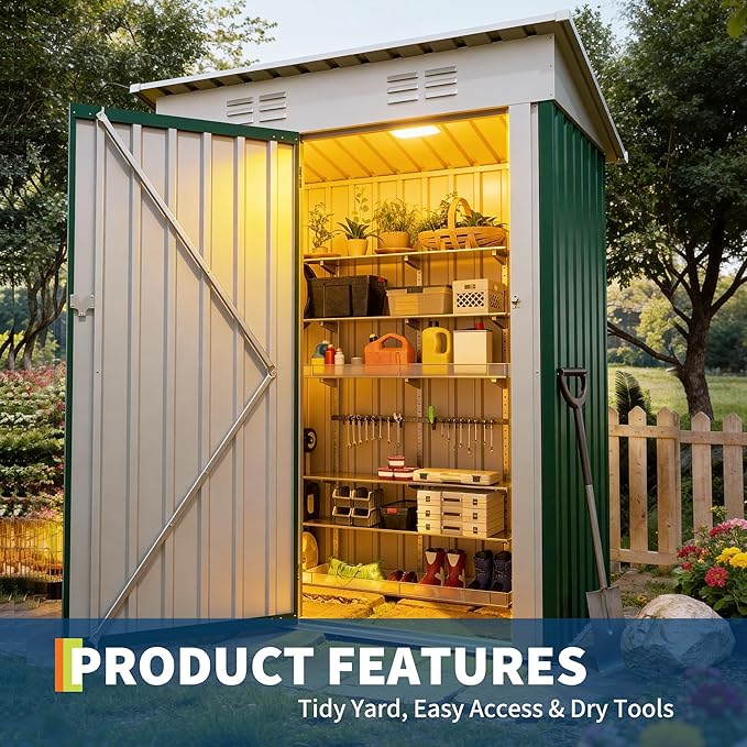 GAOMON Compact Metal Outdoor Storage Outdoor Storage 5x3FT - Weather-Resistant Tool Organizer with Lockable Single Door, Sloping Roof - Ideal for Garden, Backyard, Patio, Lawn Equipment