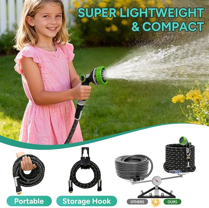 Garden Hose 25FT, Flexible Lightweight Non-Expandable Water Hose with 10 Function Nozzle, Leak-Proof, Burst-Resistant, High-Pressure for Yard, Outdoor
