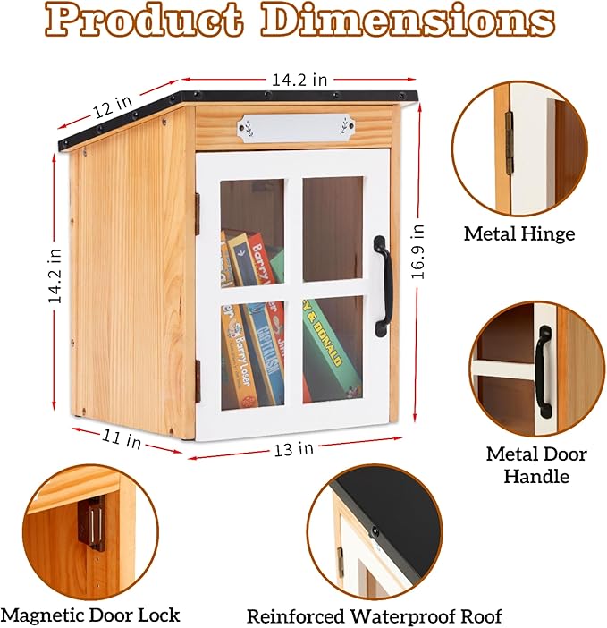 Outdoor Book Sharing Box: Natural Wood Library with Reinforced Waterproof Roof, DIY Book Sharing Storage Box for Outside Neighborhoods Community Schools (Wood Sloped Roof)