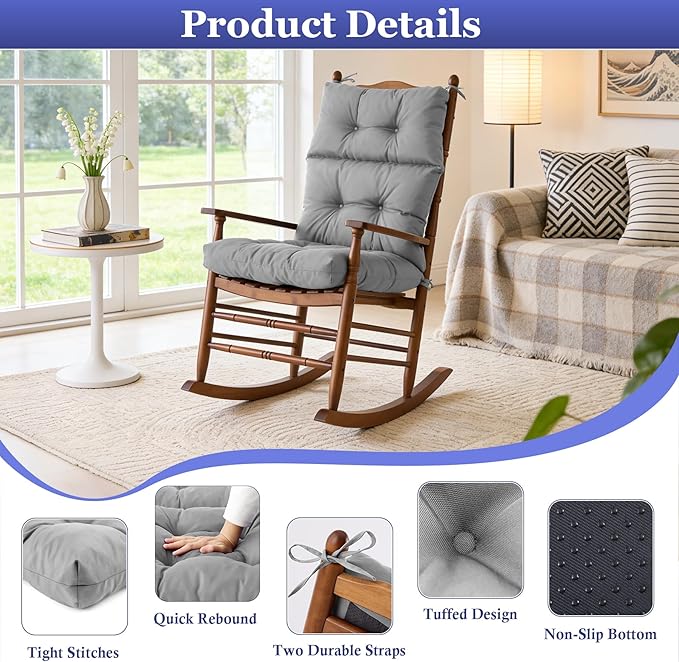 Rocking Chair Cushion, Waterproof and Fade-Resistant Adirondack Rocker Cushions, Indoor/Outdoor Rocking Chair Pads, High Back Memory Foam Patio Furniture Cushions with Ties, 44x23x4 Inch, Light Grey
