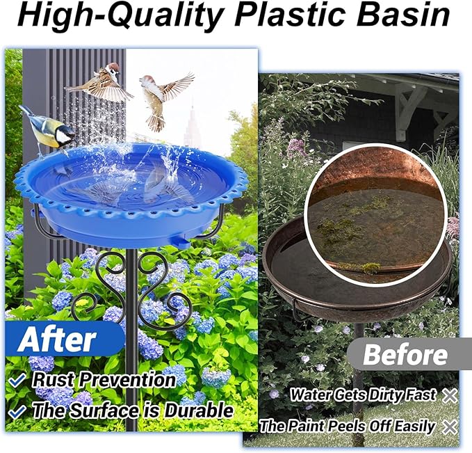 Bird Bath for Outside,40In Vintage Freestanding Bird Feeder Birdbaths for Outdoors, Bird Bath Detachable Plastic Bowl for Garden Patio Yard Lawn Decor, 5-Pronged Base & Easy to Clean (Blue)