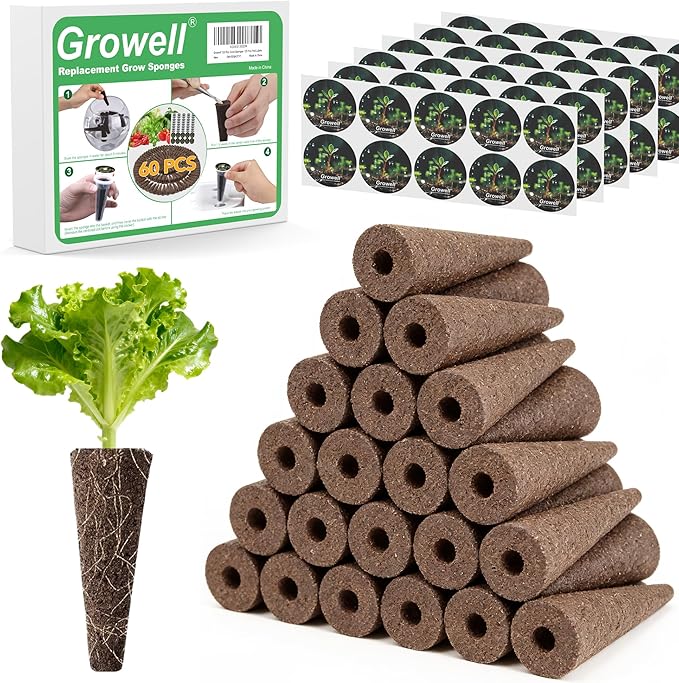 Growell 120Pcs Hydroponic Pods Kit, 60 Grow Sponges with 60 Pod Labels, Hydroponics Supplies, Grower Pods Refill Compatible with AeroGarden & Most Growing System, Seed Starter Pods for Indoor Garden
