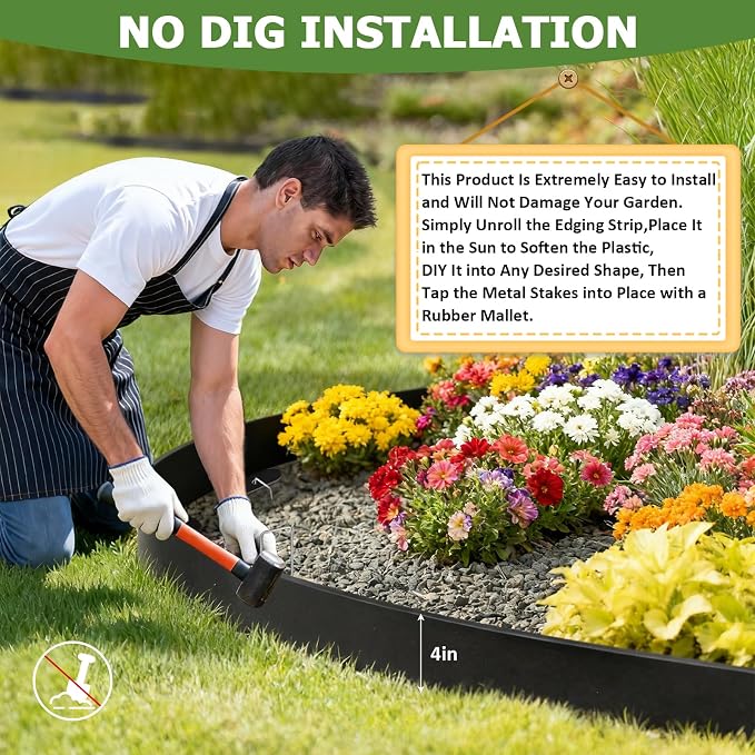 20ft Garden Edging Border, 4 Inches Tall Landscape Edging for Flower Bed Edging & Garden Bed Edging, Flexible Plastic Landscape Border with 25 Metal Stakes for Lawn Edging & Yard Borders