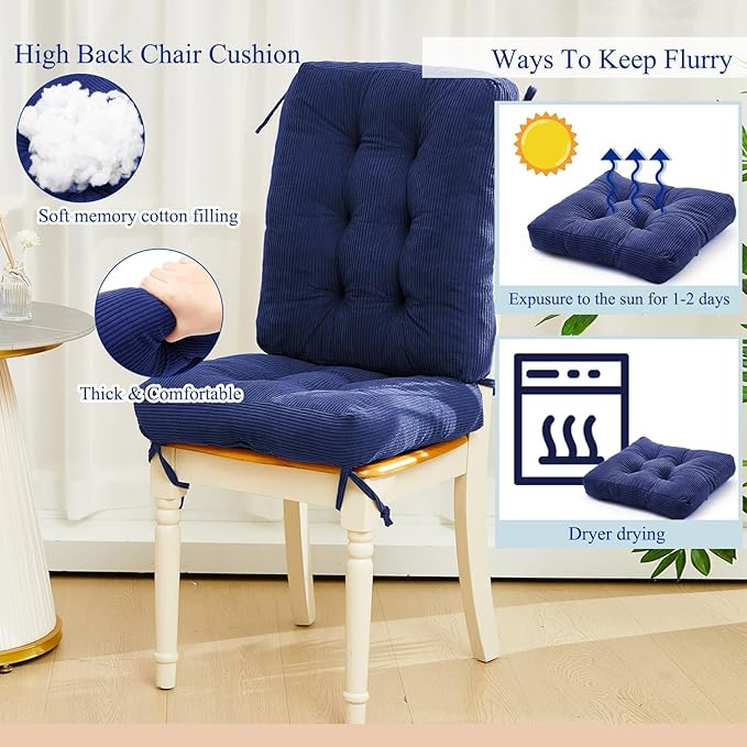 Juexica 4 Set Outdoor Patio Chair Cushions Corduroy Seat High Back Tufted Pillow Replacement Rocking Patio Chair Pads for Outdoor Indoor Home Office(Navy Blue)