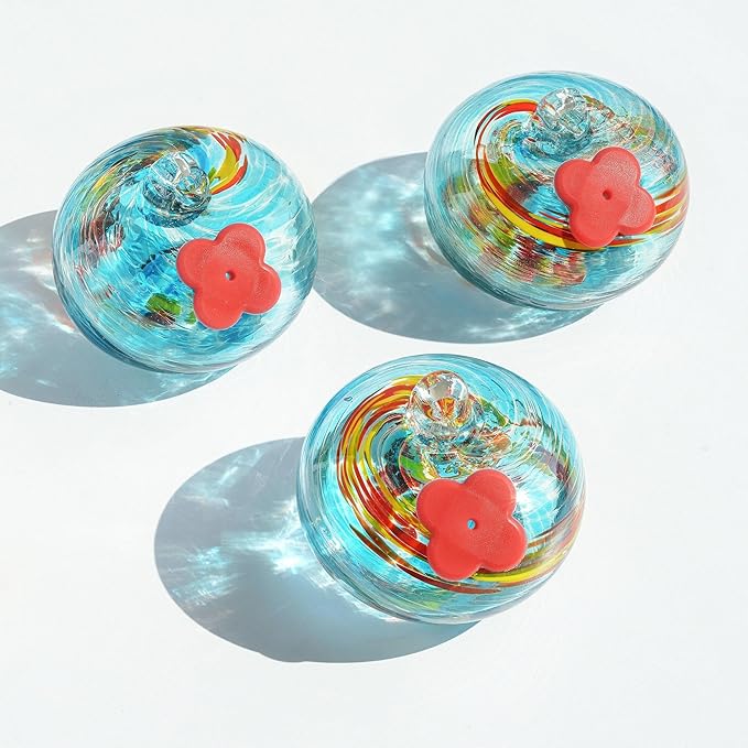 QFkris Set of 3 Blown Glass Hummingbird Feeder with Suction Cups for Window, Small Hummingbird Feeder with Flower Feeding Ports for Outside Garden Backyard Decor, Gifts for Women Mom(Blue)