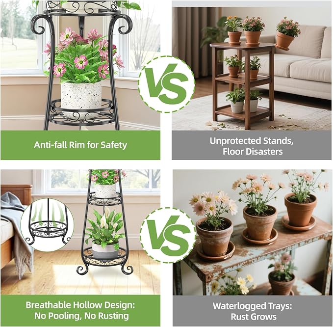 iDavosic.ly Metal Plant Stand for Indoor Outdoor Set of 2, 5 Tier Large Foldable Iron Carving Flower Pot Holder Shelf and 3 Layer Tall Vertical Display Rack for Patio Porch Living Room Garden, Black