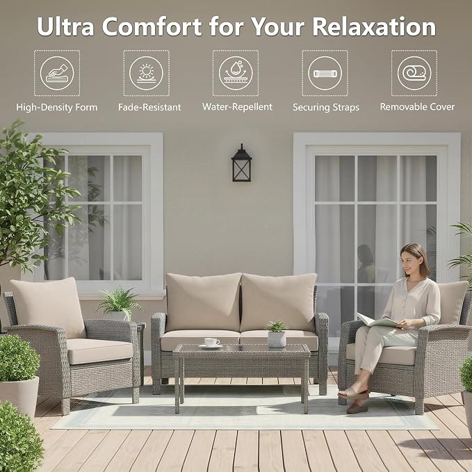 19x19 Inch Patio Chair Cushions Set of 4, Outdoor Furniture Cushions - Removable Cover, Water-Repellent, Fade-Resistant, Non-Slip Bottom & Straps, Replacement for Lawn, Porch & Deck Chair - Cream