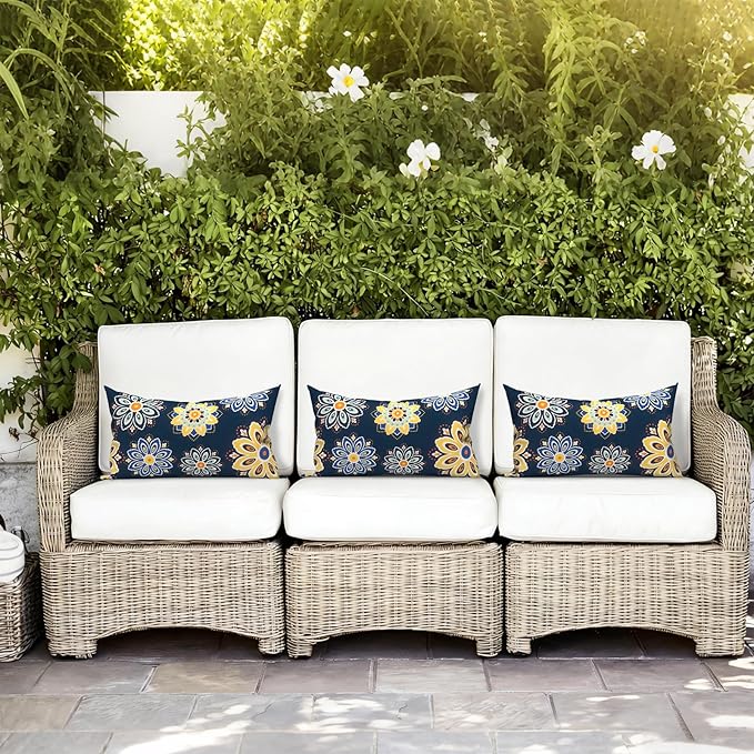 LVTLVTXIII 12×20 Inch Outdoor Lumbar Pillows, Pack of 2 Water Repellent Lumbar Pillow with Inserts, Fluffy Decorative Garden Lumbar Cushions for Home Patio Coach Sofa Use, Bloom Medallion‌ Cobalt