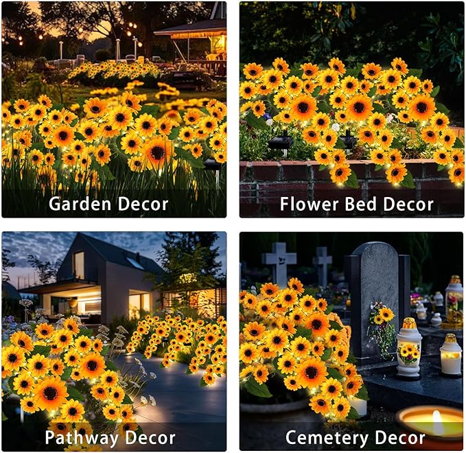 Solar Sunflower Lights Outdoor, 4 Pack with 92 Lifelike Petals, Waterproof 360 Bright LED Fall Decor for Garden, Patio, Flowerbed, Yard - Gift for Mom