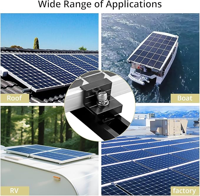 Anbte Solar Panel Mounting Brackets, Included 10 x 4.72 in Rails + 4 end Clamps + 6 Center Clamps + 1 Wrench, Aluminum Solar Mounting Kit for 4 Panels, Waterproof, for Roof, RV, Boat, Black
