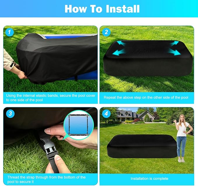 Rectangle Inflatable Pool Cover, Fits 103" L x 69" W Blow Up Pool Cover with Elastic Edge and 2 Buckle Straps, Thickened Waterproof Oxford Inflatable Pool Cover for Above Ground Pool