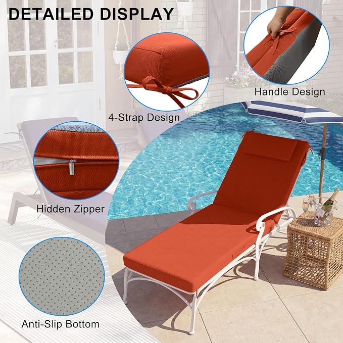Outdoor Chaise Lounge Cushions, 72x21 Inch Olefin Water & Fade Resistant Pool Lounge Chair Cushions, Patio Sun Lounger Pad with Pillow & Straps for Patio, Pool, Deck, Lawn, Orange