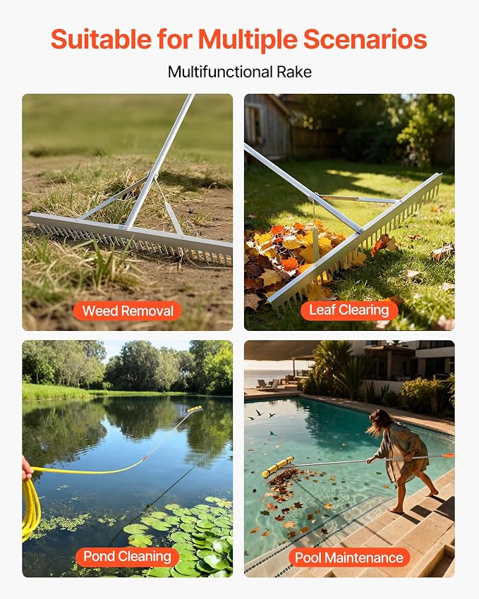 VEVOR Landscape Rake, 36 inch Wide Head 102 inch Handle, Large Heavy Duty Aluminum Landscaping Leaf Rake Tool, Asphalt Level for Loosening Soil, Garden & Yard, Pond Gravel & Beach Lawn Care, 52ft Rope