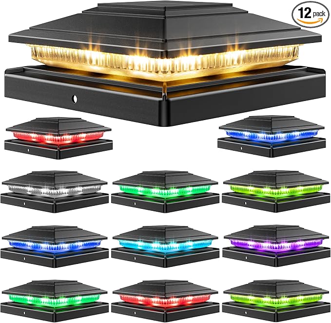 12Pack Solar Post Cap Lights - 8 RGB Color Changing Modes & Multicolor Flow, IP65 Waterproof - for 4x4/6x6 Wood & 4x4/5x5 Vinyl Fence Posts - Outdoor Deck, Patio, Garden Lights (Black)
