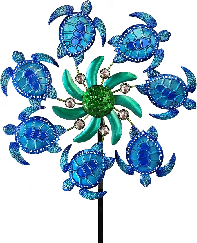 COOZZYHOUR 39" Sea Turtle Wind Spinners Metal Garden Stake-Outdoor Ocean Theme Wind Spinners -Wind Sculpture Yard Art Decorations for Patio,Lawn & Garden Decor-Blue