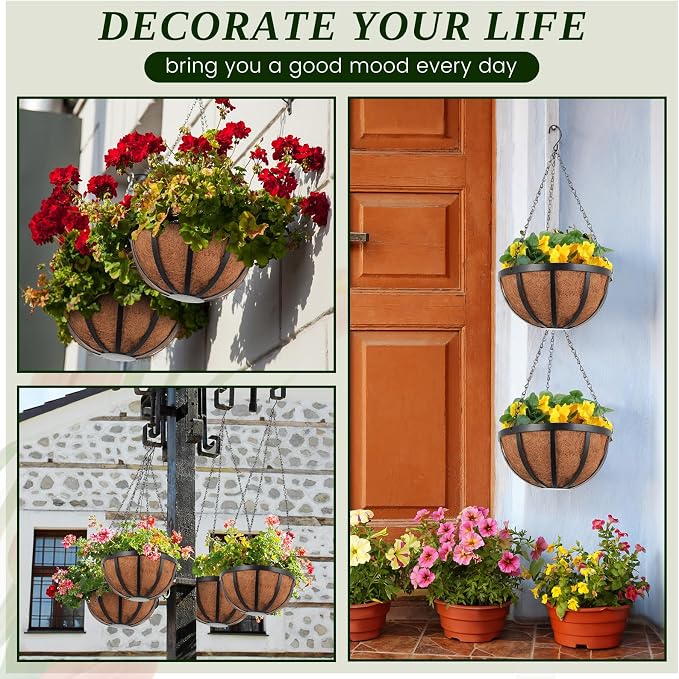 Didaey 8 Pcs Metal Hanging Basket with Coconut Coir Liner Hanging Flower Basket with Chain Indoor Outdoor Plant Flower Pot 10 Inch Round Wire Plant Holder for Garden, Patio, Deck, Porch Garden Decor