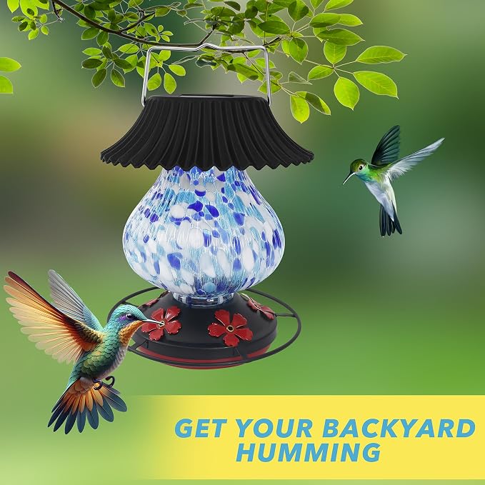 Solar Hummingbird Feeder-5 Feeding Ports with Perch, Hand Blown Glass Blue White Color Changing - Never Leak, Multicolor Night Lights – Perfect Hummingbird Feeder for Outdoors for Nature Enthusiasts