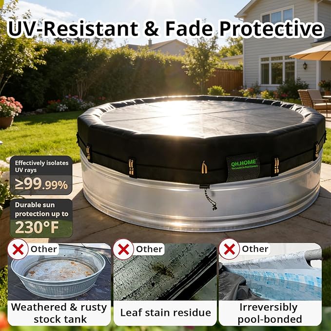 QH.HOME 550D 8Ft Round Stock Tank Pool Cover [Upgraded Tear Resistant & Threefold Windproor] wth Pre-Installed Patented Winch, Solar Cover for Above Ground Pool-Snug Fit & Waterproof Protection