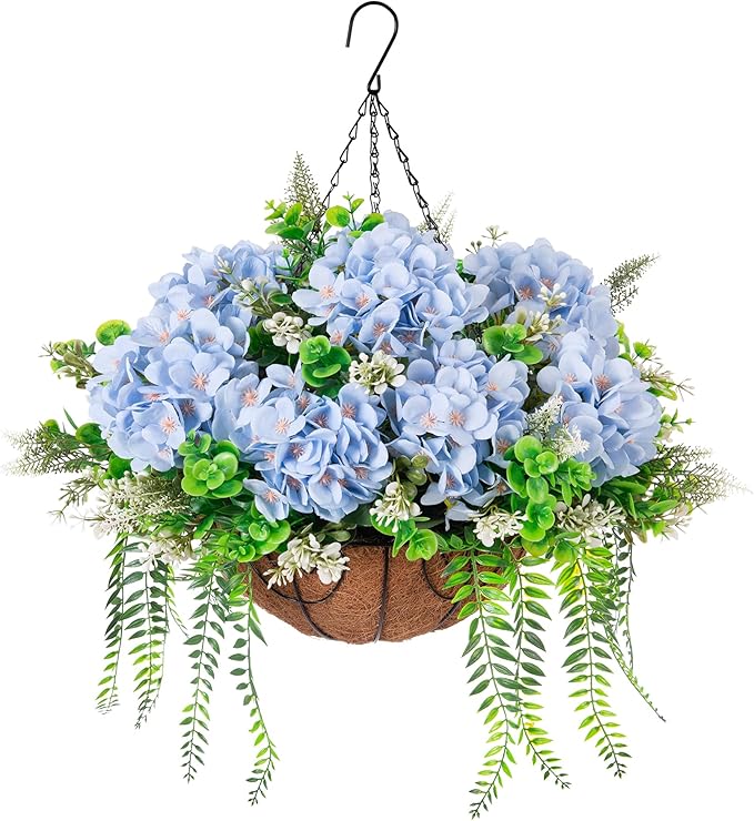 Ammyoo Artificial Hanging Hydrangea Flowers with Basket for Outdoor Spring Decoration, Fake Silk Hydrangea Flower Outdoor Indoor Arrangements, Fake Hanging Plants for Balcony Garden Yard Decor(Blue)