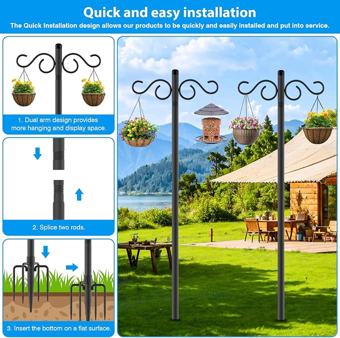 NUERPO Adjustable Shepherd Hooks for Outdoor,1 Pack 110 Inch 5 Prong Base Bird Two Sided Feeder Poles,Heavy Duty Shepherds Hook,Suitable for Garden in Hanging Flower Basket,Lantern,Bird Nests