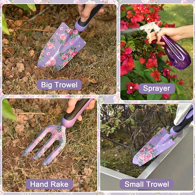 Gardening Tools, WisaKey 10 Piece Heavy Duty Purple Garden Tool Set Durable Garden Supplies Organizer Bag Garden Hand Tools Grandmother Granny for Woman
