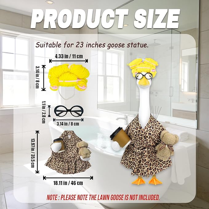 Lady Porch Goose Outfits,Bathrobe Porch Goose Statue Costume with Curlers Reading Glasses Coffee Cup Towel,Cute Goose Clothes for 23-Inch Cement Statue,Lawn Yard Garden Patio Decor（Leopard Print 01）
