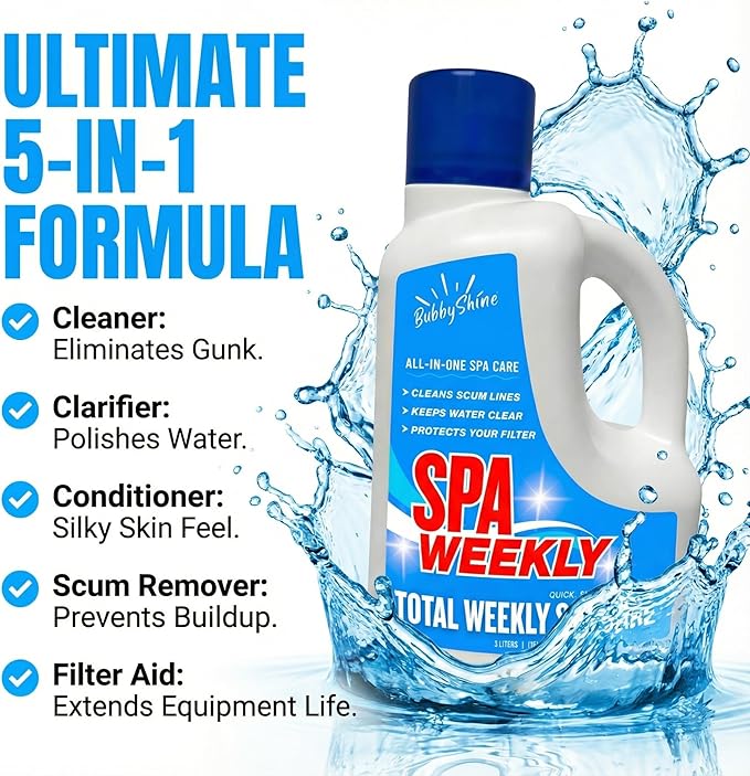 5-in-1 Hot Tub Chemicals – Spa Weekly Cleaner & Clarifier, Weekly Hot Tub Cleaner, Filter Protector + Water Conditioner, Clear Finish for Spas & Inflatable Tubs, 3 Liter (101.5 fl oz) – BubbyShine