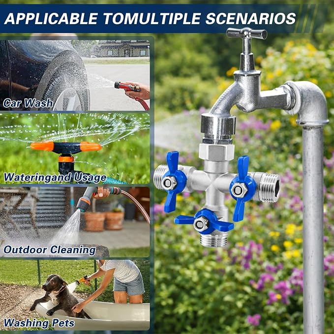 304 Stainless Steel 3 Way Garden Hose Splitter, Heavy Duty Hose Splitter with 3 Shut-Off Valves, 3/4" GHT Outdoor Faucet Hose Adapter, Full Flow Water Hose Connector