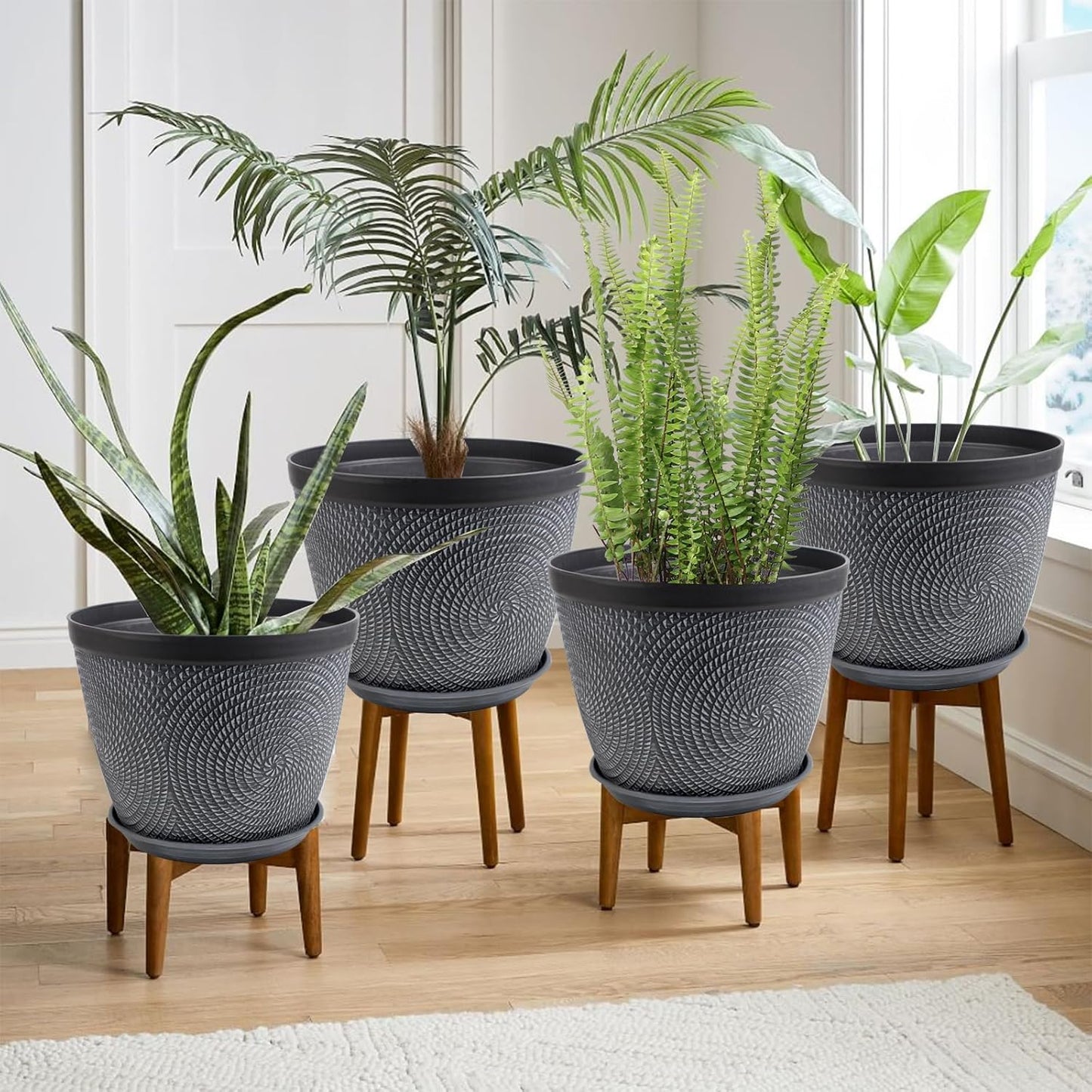 Quarut 4 Pack 6 Inch Flower Pots Planters for Outdoor Indoor, Plastic Plant Pots with Drainage Hole & Tray, Modern Decorative Garden Pot with Saucer, planters for House (Gray)