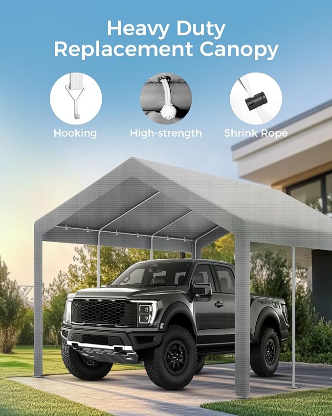 Heavy Duty 10x20FT Carport Replacement Canopy Cover, Durable Waterproof Garage Shelter Top, Car Tent for Outdoor Use, with Ball Bungees for Secure (Gray, Cover ONLY)