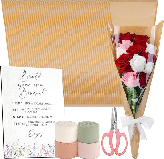 AXQMY 86 Pcs Flower Bar Supplies Include Flower Bar Sign, 80 Clear Bouquet Wrapping Bags, 2 Garden Scissors, Light Pink Green White Orange Chiffon Ribbons for Wedding, Bridal Shower, Garden Party