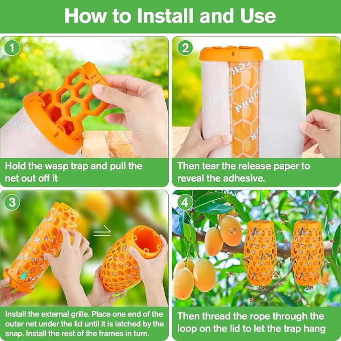Wasp Trap Bee Catcher - Outdoor Hanging Carpenter Bee Traps with 4 Sticky Boards, Non-Toxic Reusable Hornet & Yellow Jacket Trap, 2 Pack (Orange)