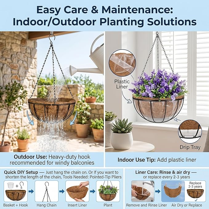 Kingbuy 10 Inch Hanging Planter Basket with Coconut Liner Wire Plant Holder Chain Flower Baskets Pot Hanger Home Garden Decoration for Indoor Outdoor, 2 Pack