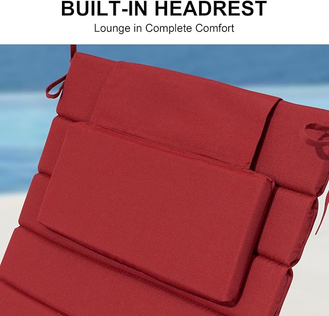 Crestlive Products Chaise Lounge Cushion Outdoor Set of 2, Foldable Waterproof Pool Lounge Chair Cushions with Straps, Lounger Cushions for Outdoor Furniture, 71''Lx21''W (Chili)