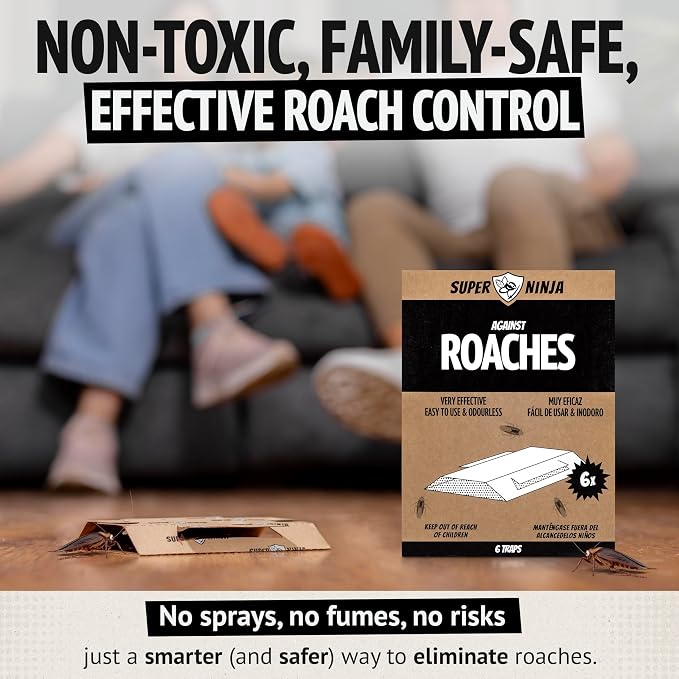 Super Ninja Roach Traps Indoor – 6 Pack, Roach Killer Indoor Infestation Control, Safe & Toxin-Free Cockroach Trap with Food Attractant, Nature-Friendly Pest Solution for Home, Garage & Shed