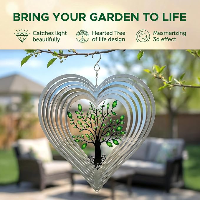 Silver Heart Wind Spinners Outdoor, Birthday Gifts for Women Mom Grandma, 12 Inch 3D Stainless Steel Hanging Wind Spinner for Yard and Garden, Tree of Life Design, Porch Patio Decor