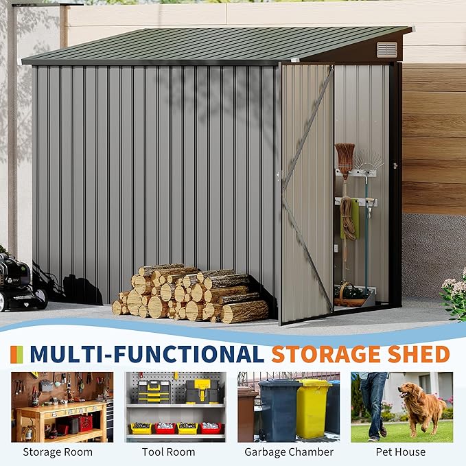 4×8 ft Lean to Storage Shed, Heavy-Duty Outdoor Metal Storage Shed, Garden Tool Metal StorageHouse W/Lockable Door and 2 Air Vents