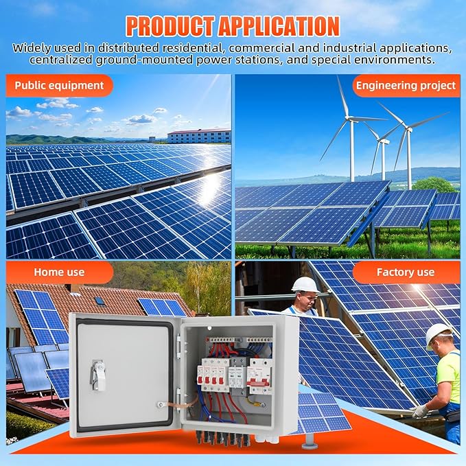 4 String Metal Solar Combiner Box, IP65 Waterproof PV Combiner Box with 20A Rated Current Fuse, 63A Air Circuit Breaker,Lightning Arrester for On/Off Grid Solar Panel System