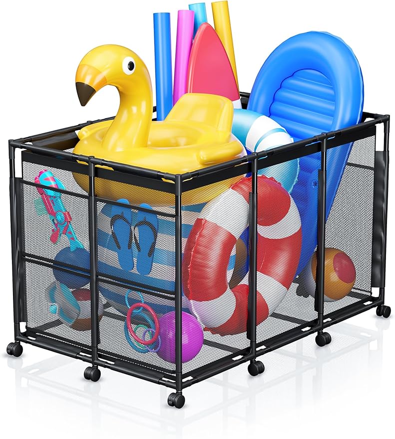 Pool Float Storage - Rolling Mesh Pool Storage Bin for Noodles, Goggles, Floats & Balls, XXL Large Outdoor Pool Toy Organizer with Wheels for Swimming Accessories, Black
