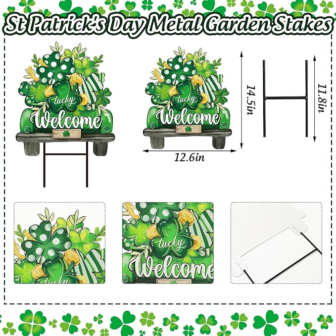 JarThenaAMCS St. Patrick' s Day Metal Garden Stake Welcome Yard Sign Green Shamrock Clover Truck Decorative Lawn Sign for Irish Holiday Home Outside Lawn Porch Walkway Pathway